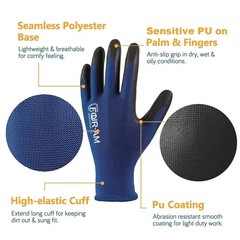 3-Pairs Ultra-Thin PU Coated Work Gloves Excellent Grip Nylon Shell Knit Wrist