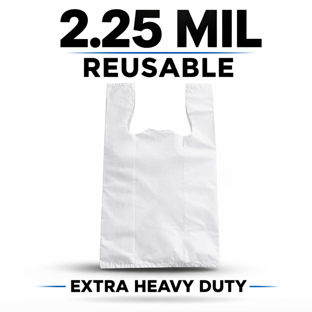 2.25 Mil Reusable Grocery White T-Shirt Bags 12x7x20 Extra Heavy Duty