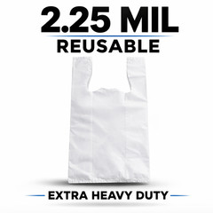2.25 Mil Reusable Grocery White T-Shirt Bags 12x7x20 Extra Heavy Duty