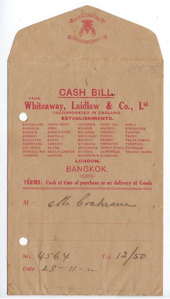 Whiteaway, Laidlaw & Co., CASH BILL ENVELOPE, Bangkok, early 1900s