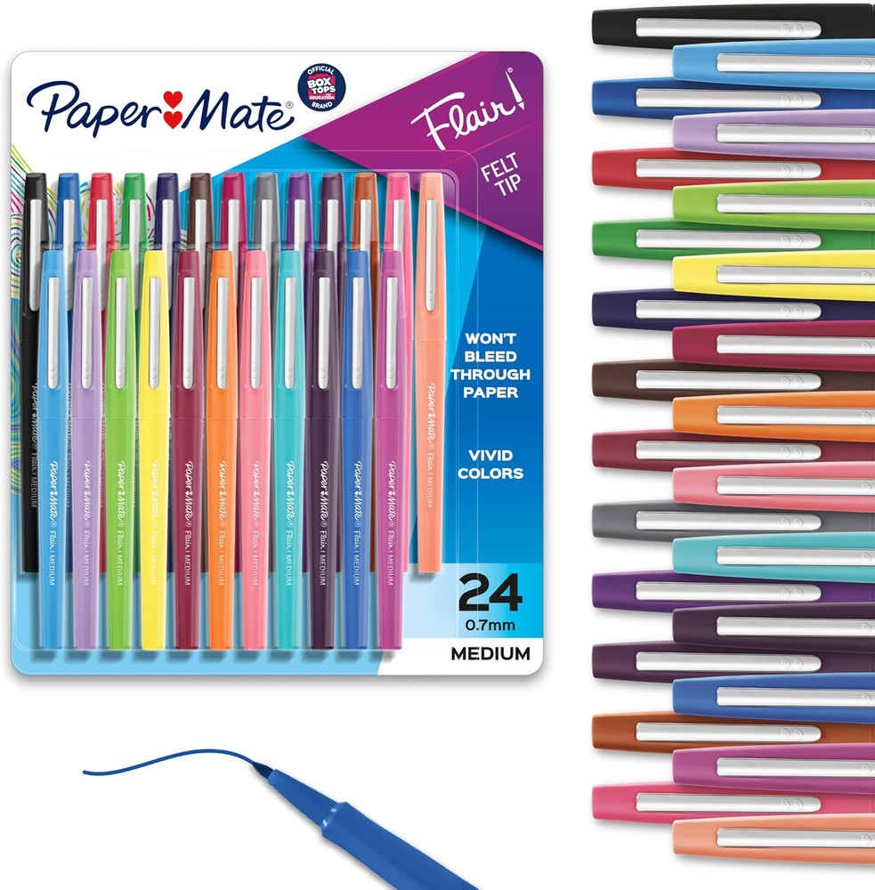 Paper Mate Flair Felt Tip Pens, Medium Point, Assorted Colors, 24 Pack