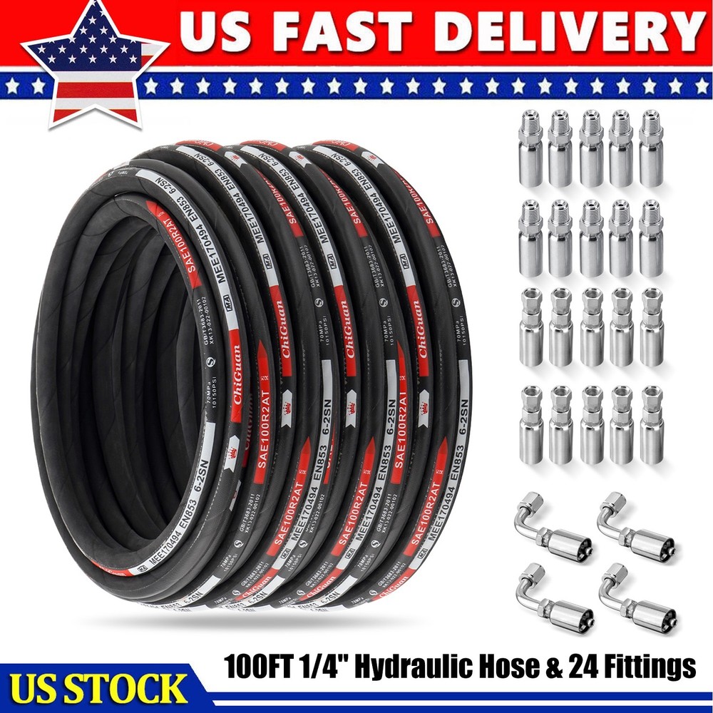 100FT 1/4″ Hydraulic Hose & 24 Fittings (JIC Female & NPTF Male & JIC Female 90°