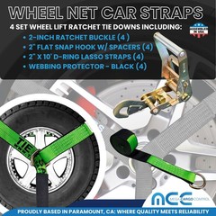 4 Sets 2″ x 10′ Ratchet w/Flat Snap Hook Wheel Lift Lasso Strap Tow Truck Towing