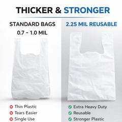 2.25 Mil Reusable Grocery White T-Shirt Bags 12x7x20 Extra Heavy Duty