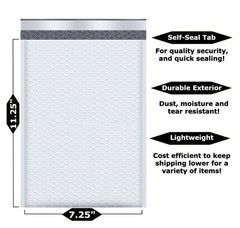 200-Pack 7.25×11.25″ White Poly Bubble Mailers, Padded 7.25×11.25″,