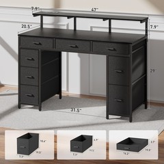 47 inch Computer Desk with 8 Drawers & Power Outlets, Home Office Desk with LED