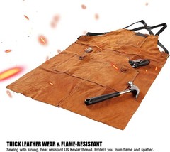 Stylish Brown Leather Apron – Adjustable Size, 6 Pockets, Flame-Resistant Safety