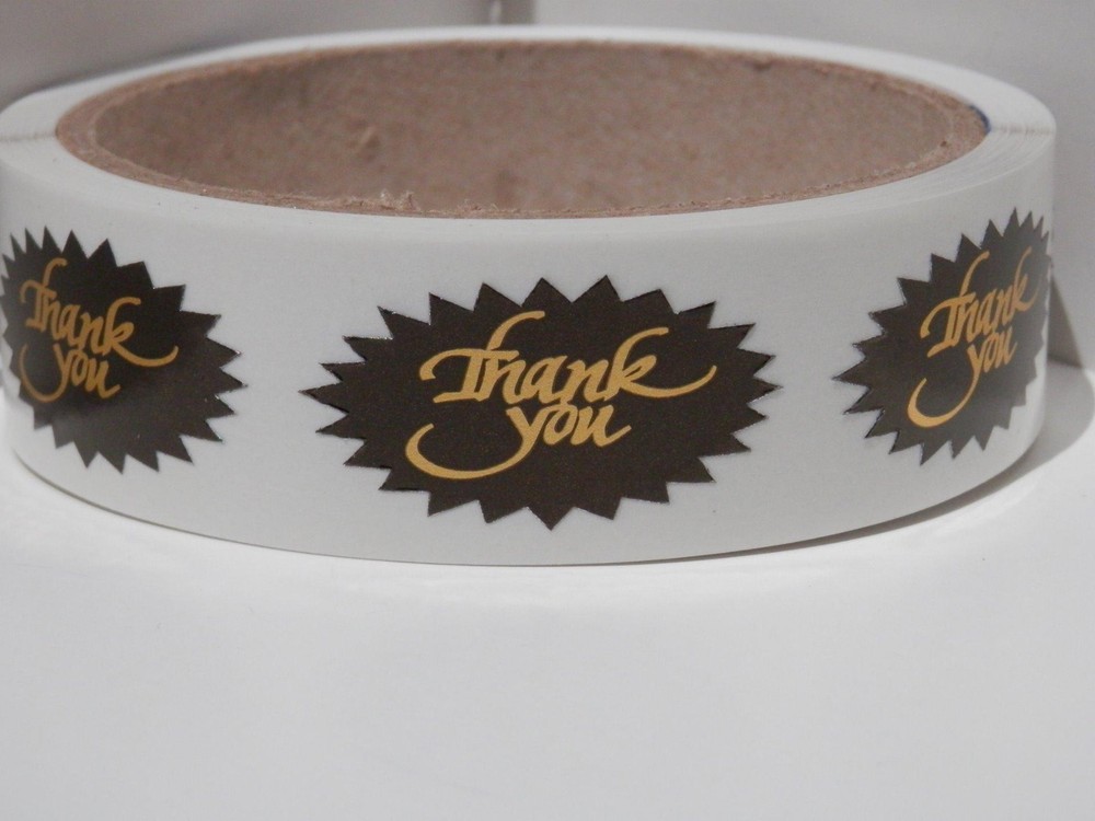 THANK YOU oval starburst .75×1.5 Sticker Label gold letters black bkgd 250/rl