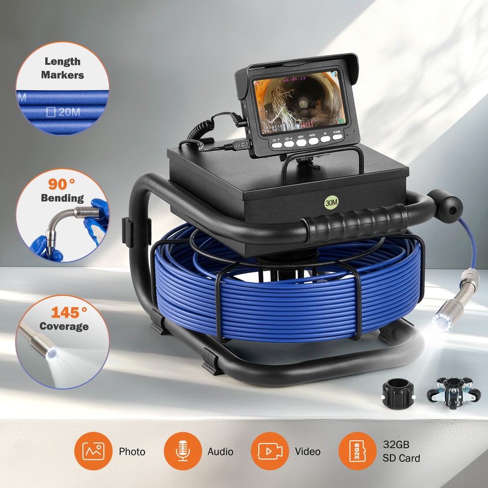 4.3″ 30M Sewer Pipe Inspection Camera 23MM Drain Pipeline Meter Counter 32GB HD