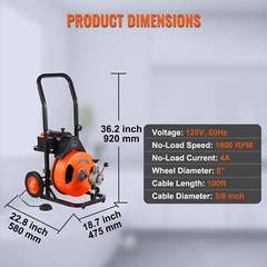 VEVOR Drain Cleaner Machine Electric Drain Auger 100 FT x 3/8 In Auto Feed