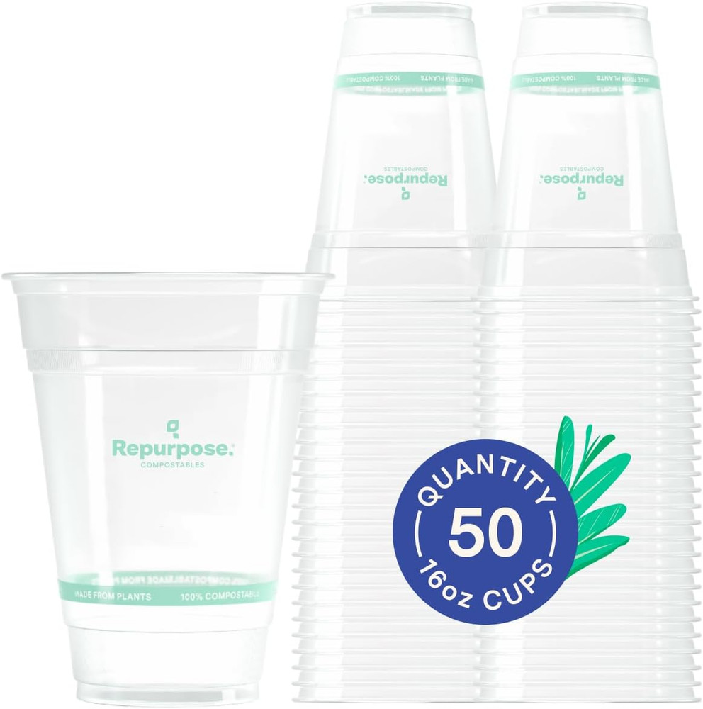 Plant Based Clear Cold Cups 16oz 50 Count Compostable BPA Free PFAS Free Cup Set
