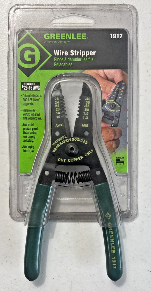 Greenlee 1917 6 In Wire Stripper Stranded: 16-26 AWG Plier nose Cut copper USA