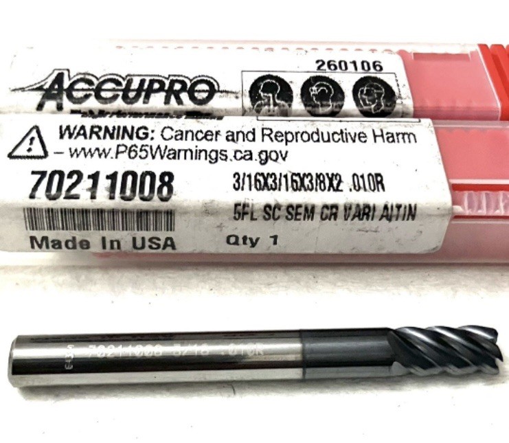 Accupro 70211008 3/16″ 5FL Corner Radius End Mill .015R Solid Carbide AlTiN NEW