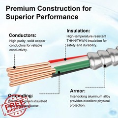 XRDS -RF 14/3 Metal Clad MC Cable 75FT, 14/3 Electrical Wire 3 Conductor Armo…