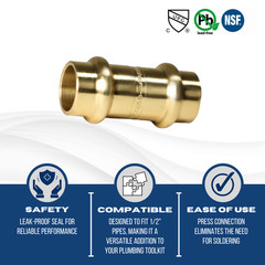 5 Pieces 1/2″ Press Coupling, Press Fit, Lead Free Brass