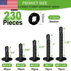 230PCS #8 Self Tapping Screws,410 Stainless Steel Self Tapping Screws for Metal,