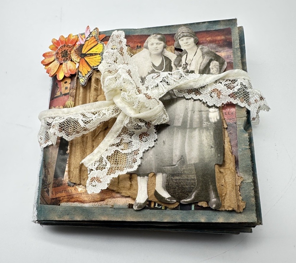 Hand Made Junk Journal 6×5 Inches Old Time Pictures With Orange Yellow Flowers