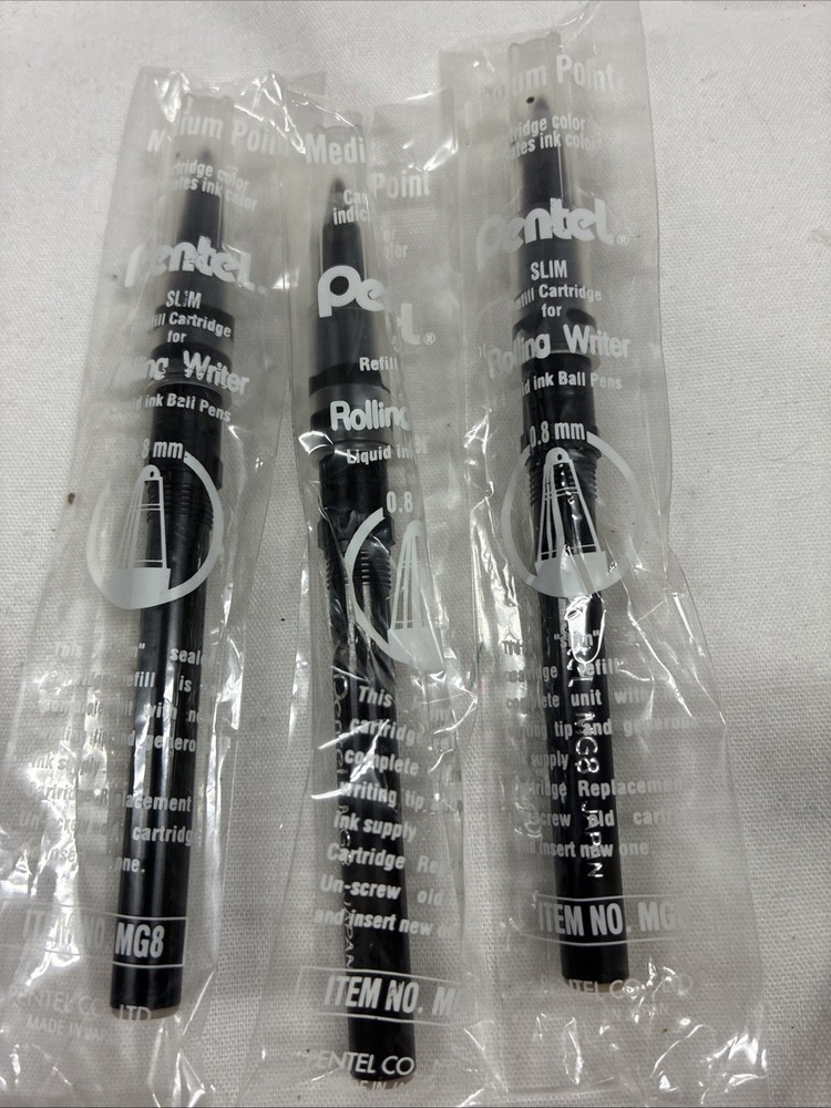 MG8 Pentel Slim Rolling Writer Refill Cartridge, Black Ink, Pack of 3. 92