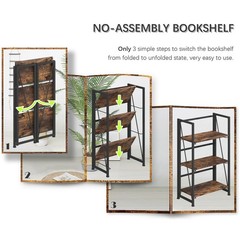 4Nm No Assembly Folding Bookshelf Storage Shelves 3 Tiers Vintage Bookcase