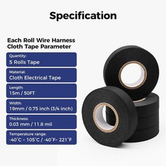 Wire Harness Cloth Electrical Tape 5 rolls 3/4″ 50 FT Wire Loom Heat Proof Tape
