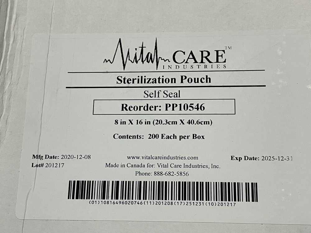 (200/cs) VitalCare Self-Seal Sterilization Pouches PP10546 8×16″ medical exp2025