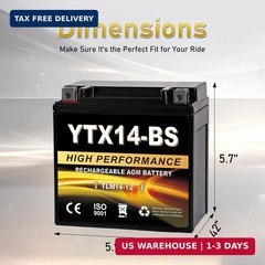 YTX14-BS 12V 14Ah AGM Sealed Motorcycle Battery, Maintenance-Free, Compatible wi