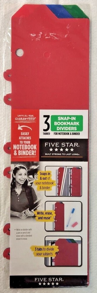 NEW- FIVE STAR Snap-In Bookmark Dividers, 3 Plastic, Tabbed- Red, Blue, Green