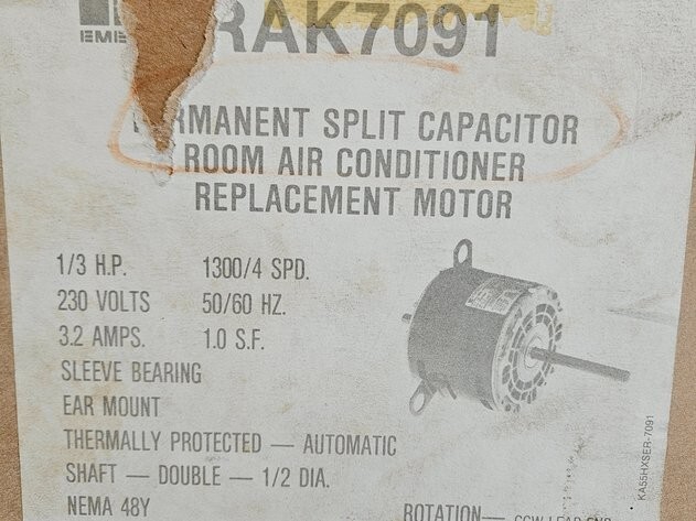 Room air conditioner motor1/3 HP 1300 RPM 4SPD 230 volt 3.2 amp 48Y Frame A