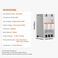 VEVOR 5HP Single 1 Phase to 3 Phase Converter Digital Phase Shifter 15A 220V