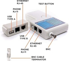 Universal Network Cable Tester Tool, BNC, RJ45, RJ11, USB (4-in-1) Multi-Tester