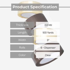 3″ x100 Yards 1.6 Mil, 6 Rolls, Clear Carton Sealing Packing Tape + 3″ Dispenser