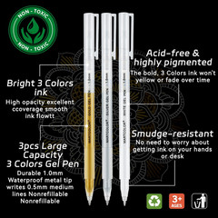 Gold Silver White Gel Pens, 1Mm Fine Point Gel Ink Pen Opaque Archival Ink Pens