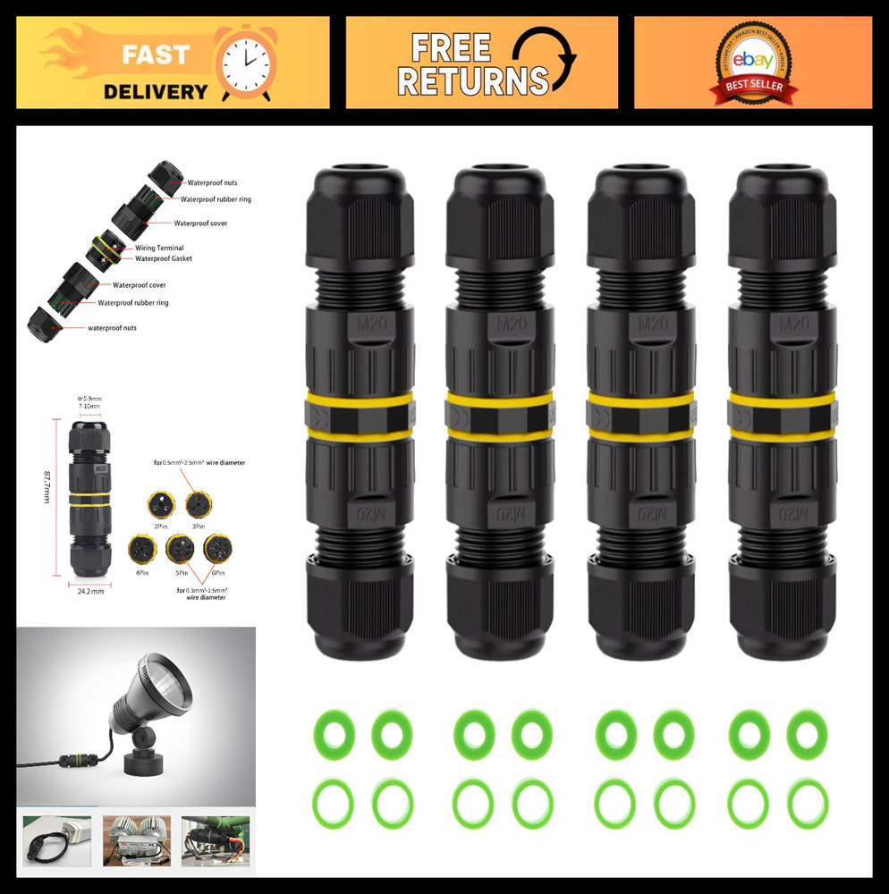 4 Pin Waterproof Electrical Wire Connector IP68, 5-12mm, 24A 450V, 2 Way, 4 Pack