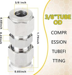 304 Stainless Steel Compression Tube Fitting, Union, 3/8″ OD X 3/8″ OD (2 Pcs)