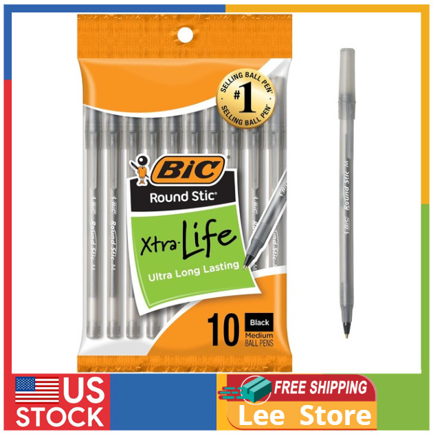 BIC Round Stic Xtra Life Black Ballpoint Pens, Medium Point (1.0mm), 10-Count