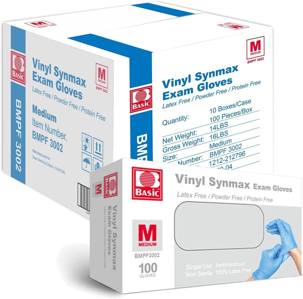 Basic Medical Synmax Vinyl Exam Gloves – Latex-Free & Powder-Free – Medium,
