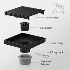 6 Inch Square Shower Drain with Removable Wedge Wire Pattern Grate,… Fast Ship