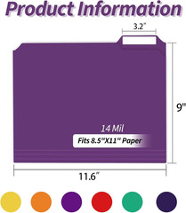 Plastic File Folders with Tabs, 6 Pack Colored Plastic Folders, 1/3 Cut Tabs