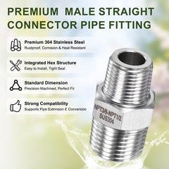 4-Pack 304 Stainless Steel 1/2″ NPT Male x 3/8″ NPT Male Hex Nipple Pipe Fitting