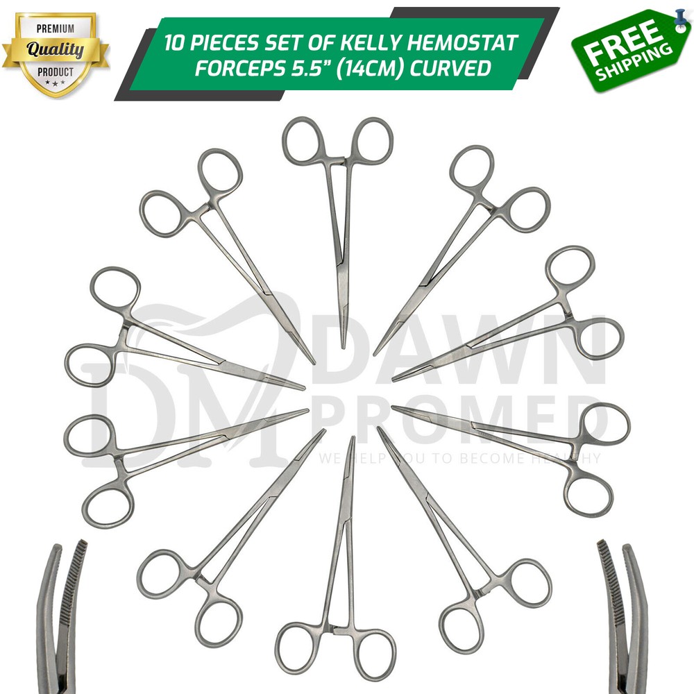 10 Kelly Hemostat Forceps 5.5″ Set Curved Locking Clamp Surgical Dental Fishing