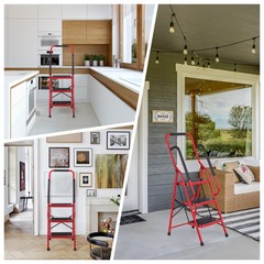 3 Step Ladder with Handrails, Portable Folding Step Stool with Safety Lock，Red
