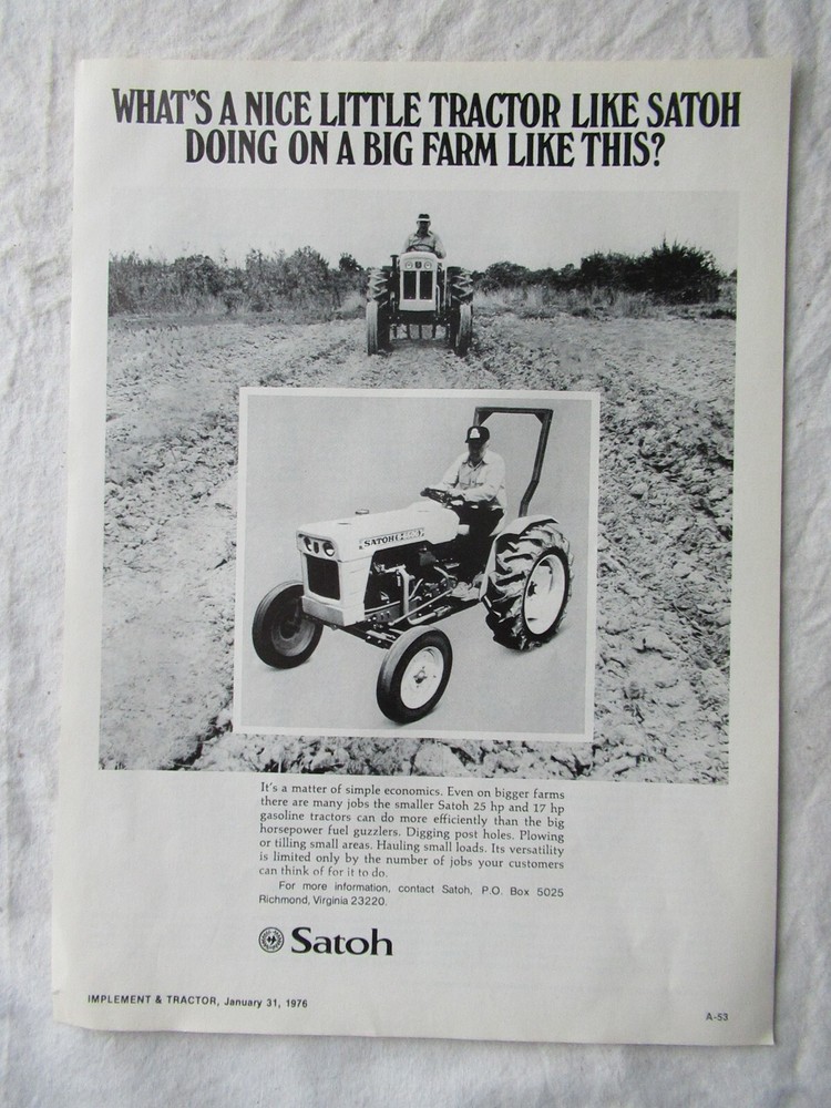 1976 Satoh Traactor Print AD Advertisement 11×8