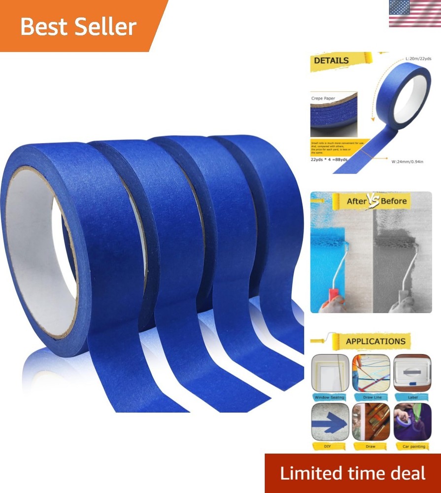 Blue Masking Tape for Precise Painting – 4 Rolls, Multi-Surface Use