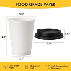 RACETOP [100 pack] Disposable Coffee Cups with 12 Ounces, White-Black Lids
