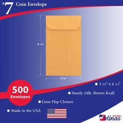 Minas Envelope #7 Coin Envelope, 3-1/2 X 6-1/2, Premium 24lb. Kraft, 500/Box