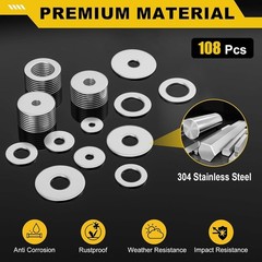 304 Stainless Steel Flat Washers,108Pcs Fender Washers Assortment Kit 12 Sizes