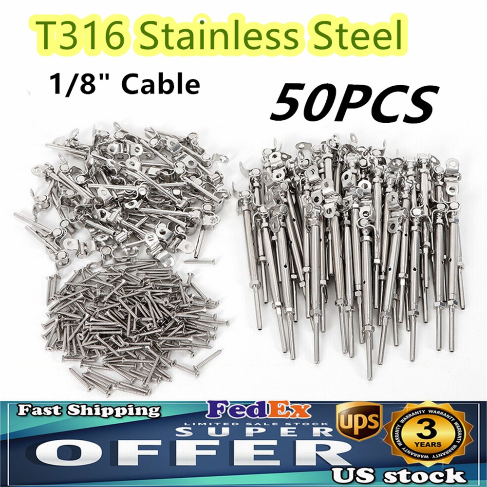 50 Pack T316 Stainless Steel Tensioner Set for 1/8″ Cable Railing w/ Deck Toggle