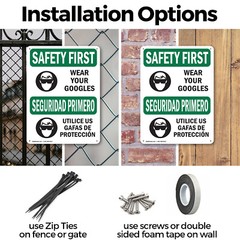 (2 Pack) Wear Your Goggles Bilingual OSHA Safety First Sign Decal Metal Plastic