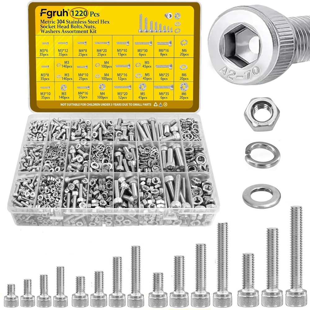 1220PCS M3 M4 M5 M6 Metric Screws Assortment Kit,Hex Socket Head Cap Bolts Nu…