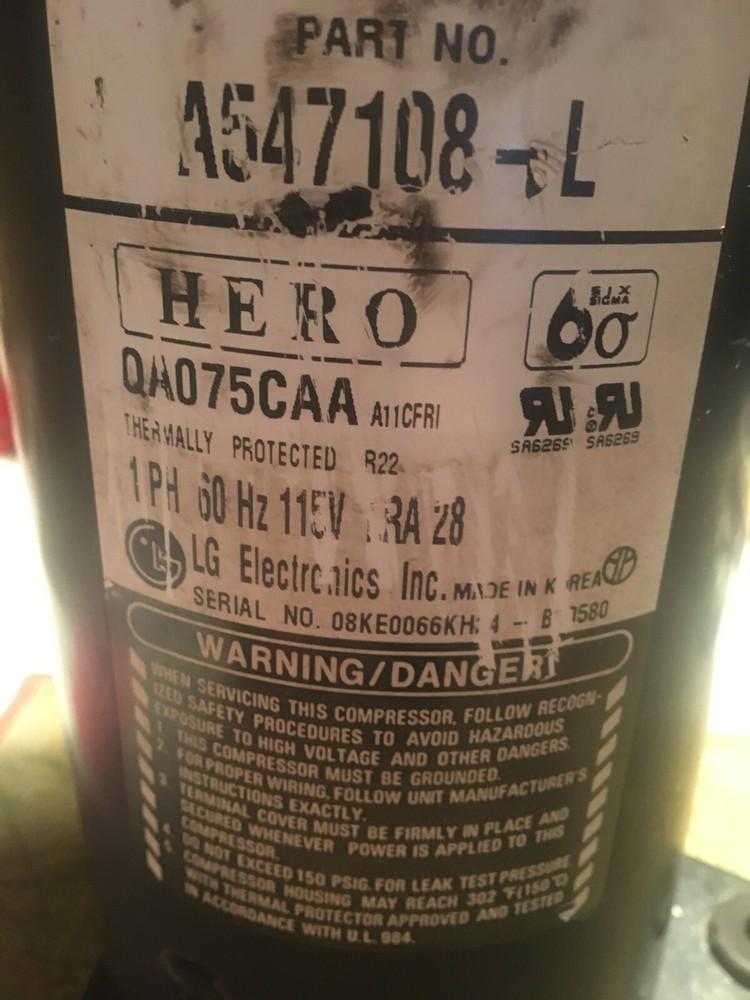 LG HERO QA075 CAA 1PH 60Hz 115V LRA 28 Compressor